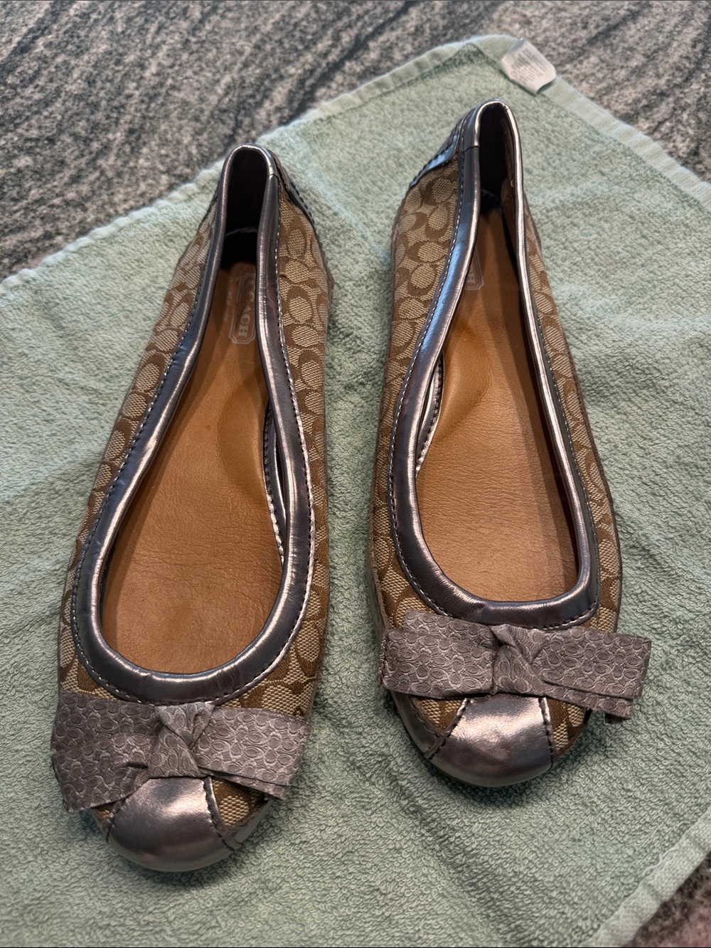 Coach Brown Signature-Print Ballet Flats with Metallic Trim